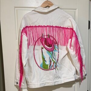 Fantastic Fawn White Jean Jacket with Hot Pink Fringe and Multicolor Embroidery